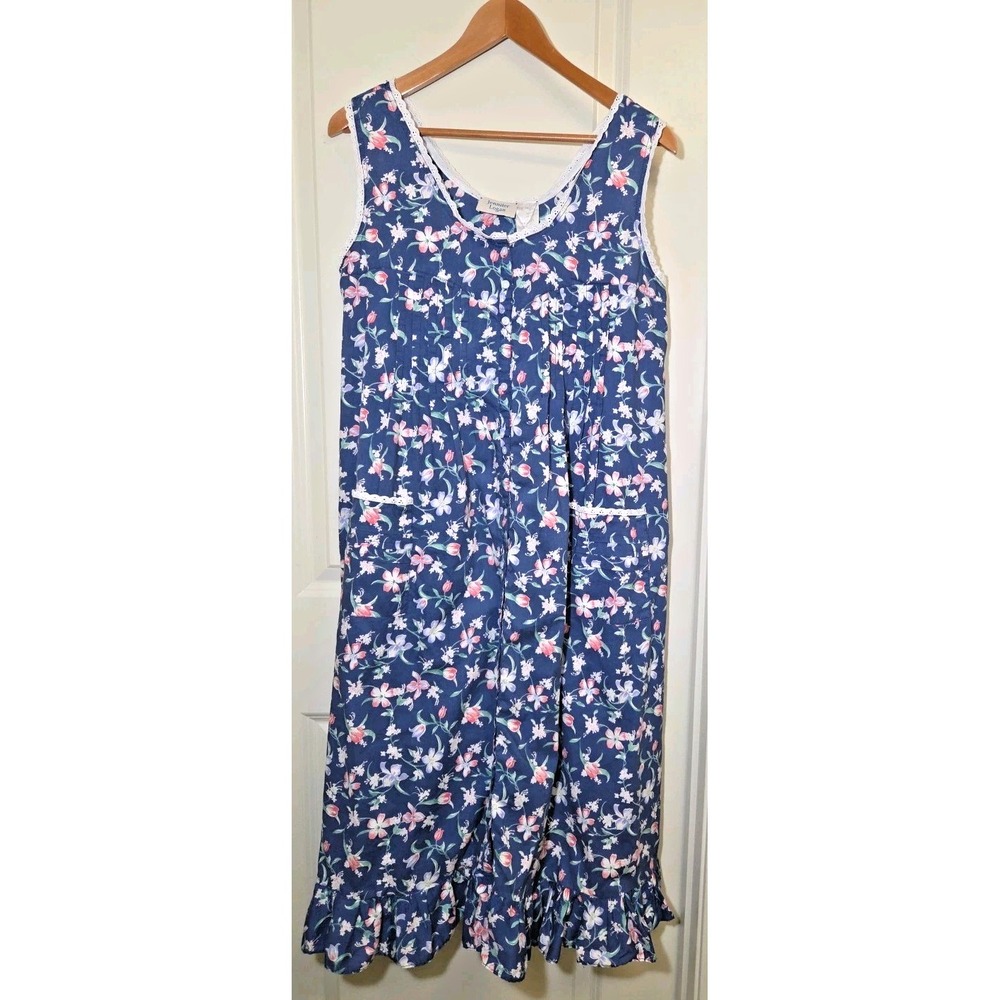 Vtg 90s‎ Nightgown Floral Cotton Blue Prairie Cottage Farmhouse Jennifer Logan M